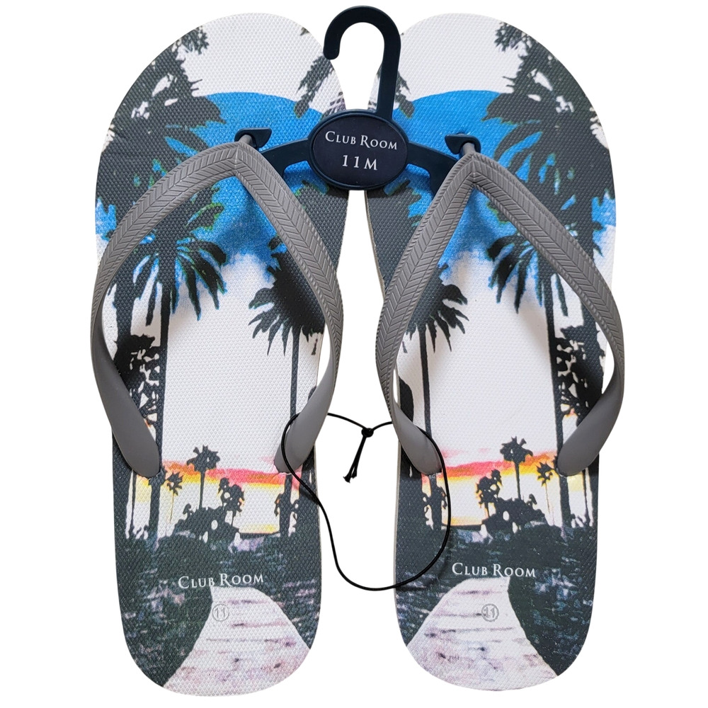 Club Room Men Summer Beach Flip Flop Sandal Santino Size US 11M Grey Palm Trees